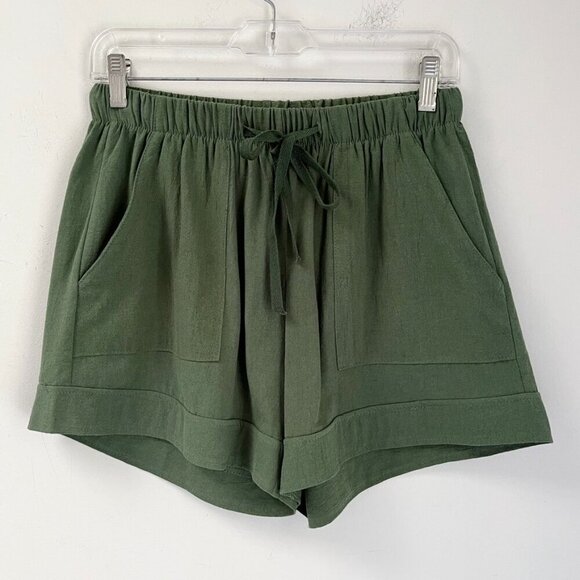 Temu Women's Mom Shorts M Green High Rise Drawstring Relaxed Pockets Cotton 4" - Picture 2 of 6